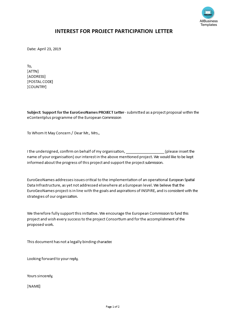 Letter Of Interest For Project Participation Sample | Templates Intended For Letter Of Interest Template Microsoft Word