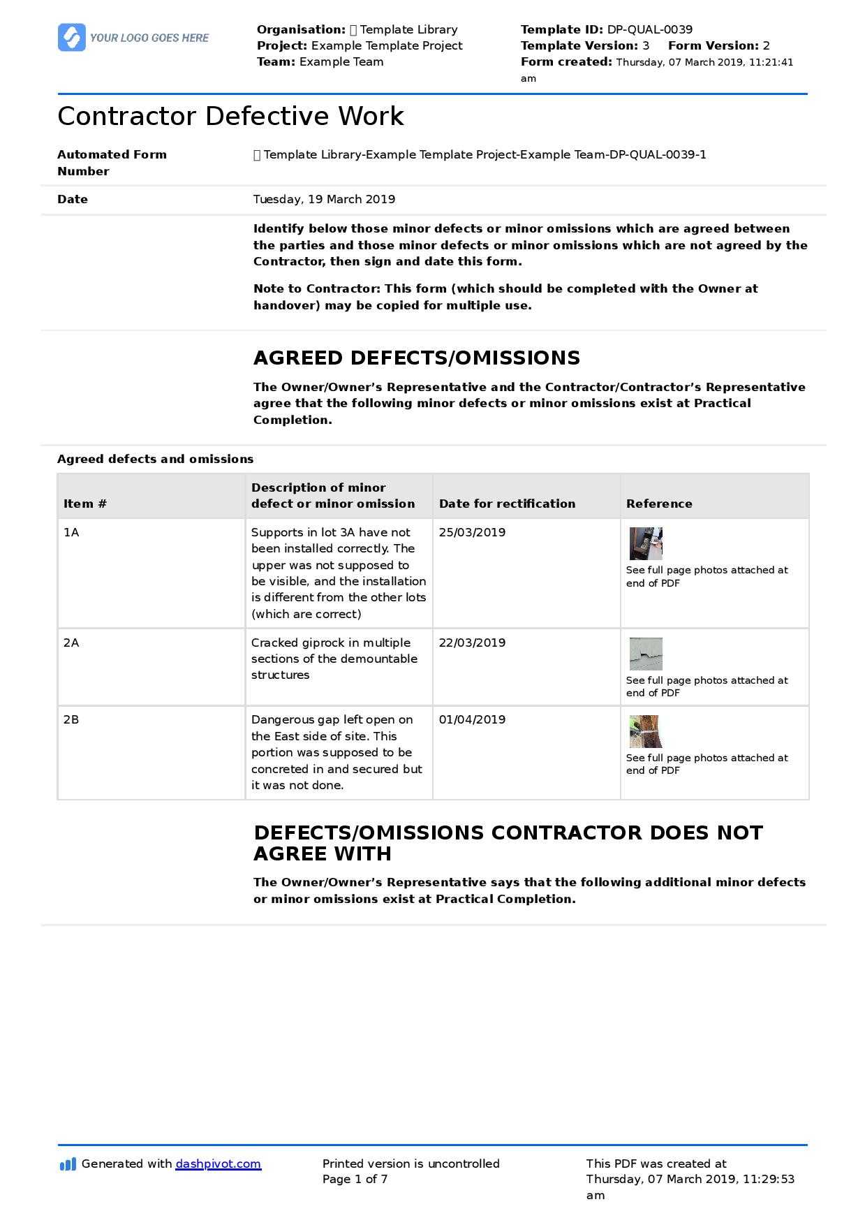 Letter To Contractor For Defective Work: Sample Letter And Pertaining To Construction Deficiency Report Template
