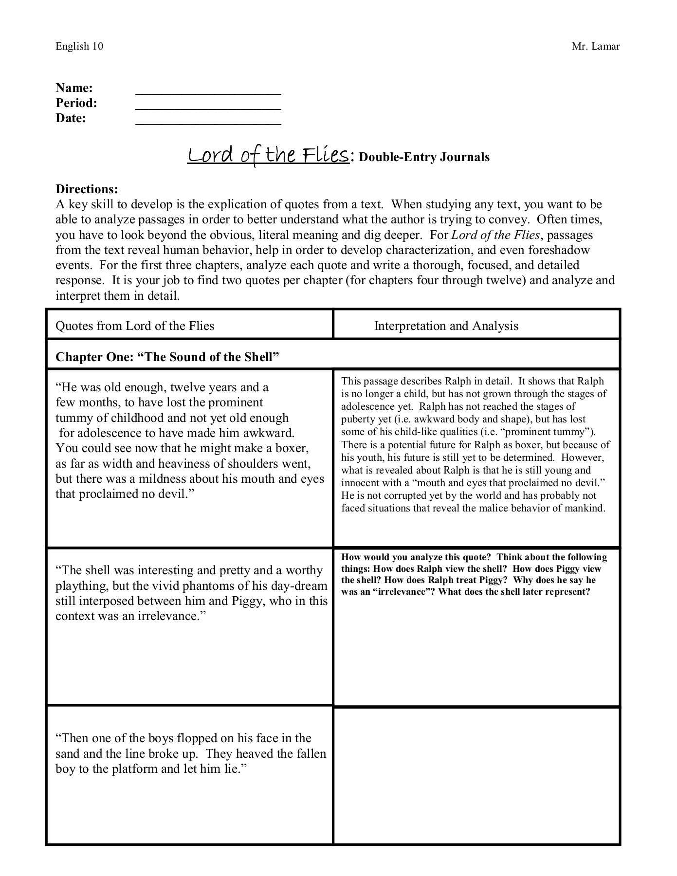 Lord Of The Flies:::: Double Entry Journals Pages 1 – 10 Pertaining To Double Entry Journal Template For Word