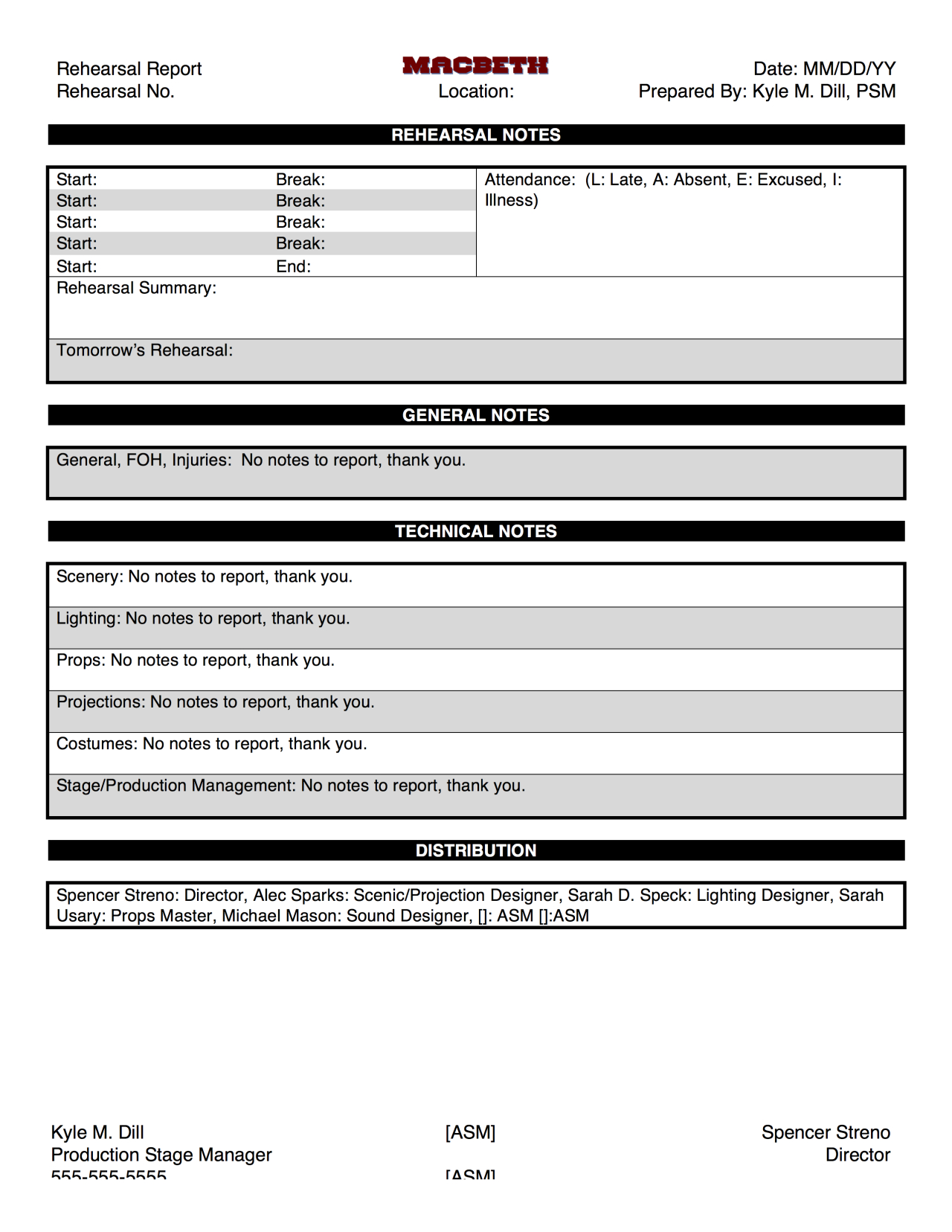 Macbeth@su Production Blog — Here's The Template For Our With Regard To Rehearsal Report Template