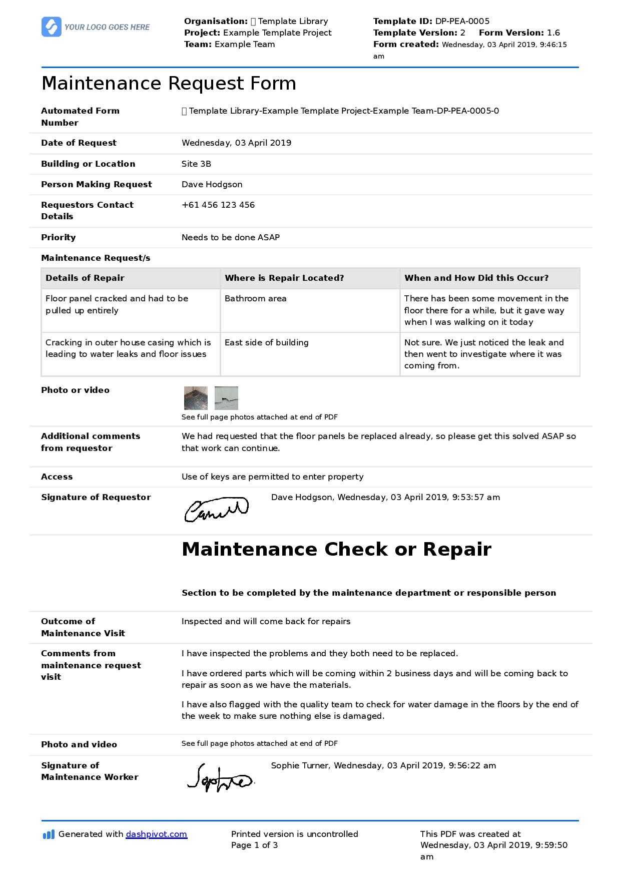 Maintenance Request Form Template (Better Than Pdf And Excel) Pertaining To Computer Maintenance Report Template