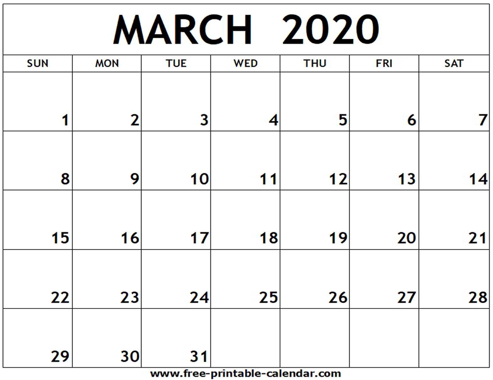 March 2020 Printable Calendar – Free Printable Calendar Intended For Full Page Blank Calendar Template