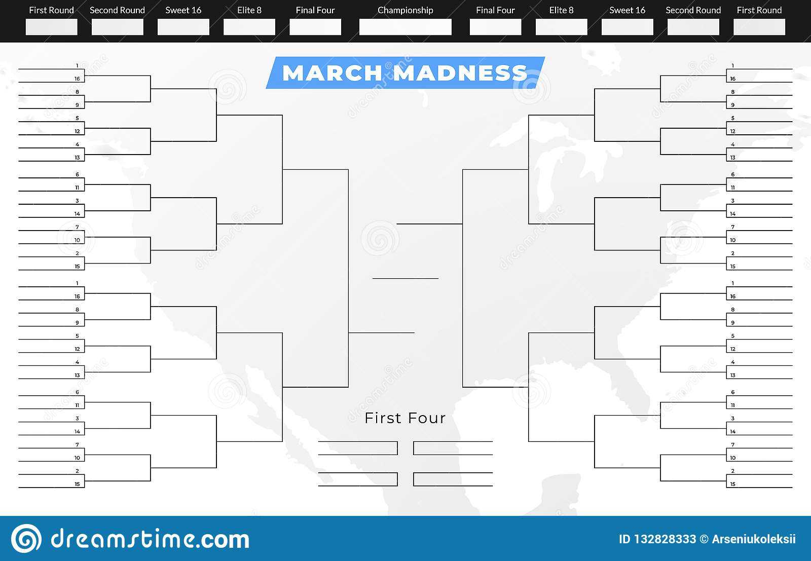 March Madness Tournament Bracket. Empty Competition Grid With Blank March Madness Bracket Template
