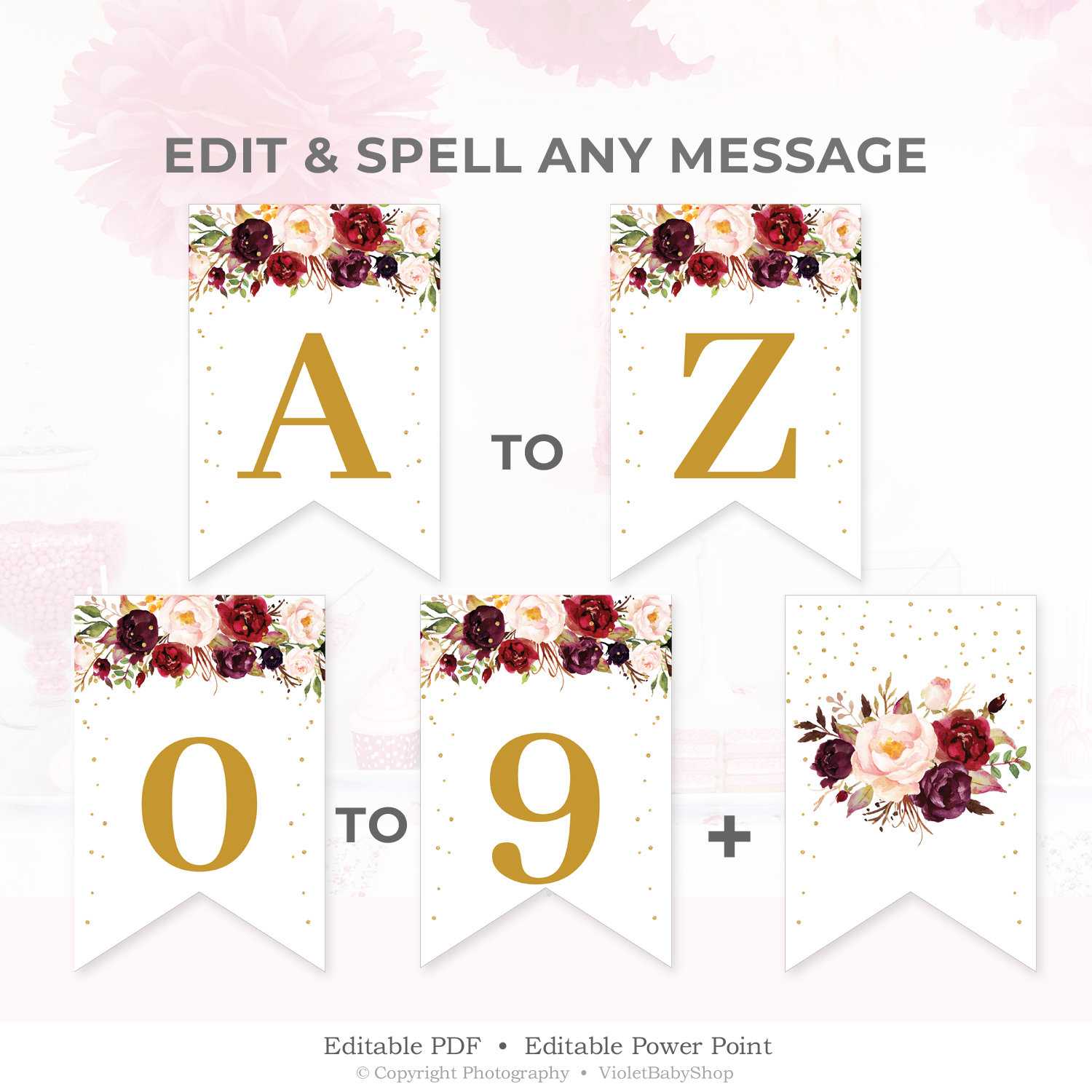 Marsala Custom Party Banner Template, Printable Burgundy Floral Pennant,  Blush Floral Baby Shower Banner Template Instant Download Mgfs6 For Baby Shower Banner Template