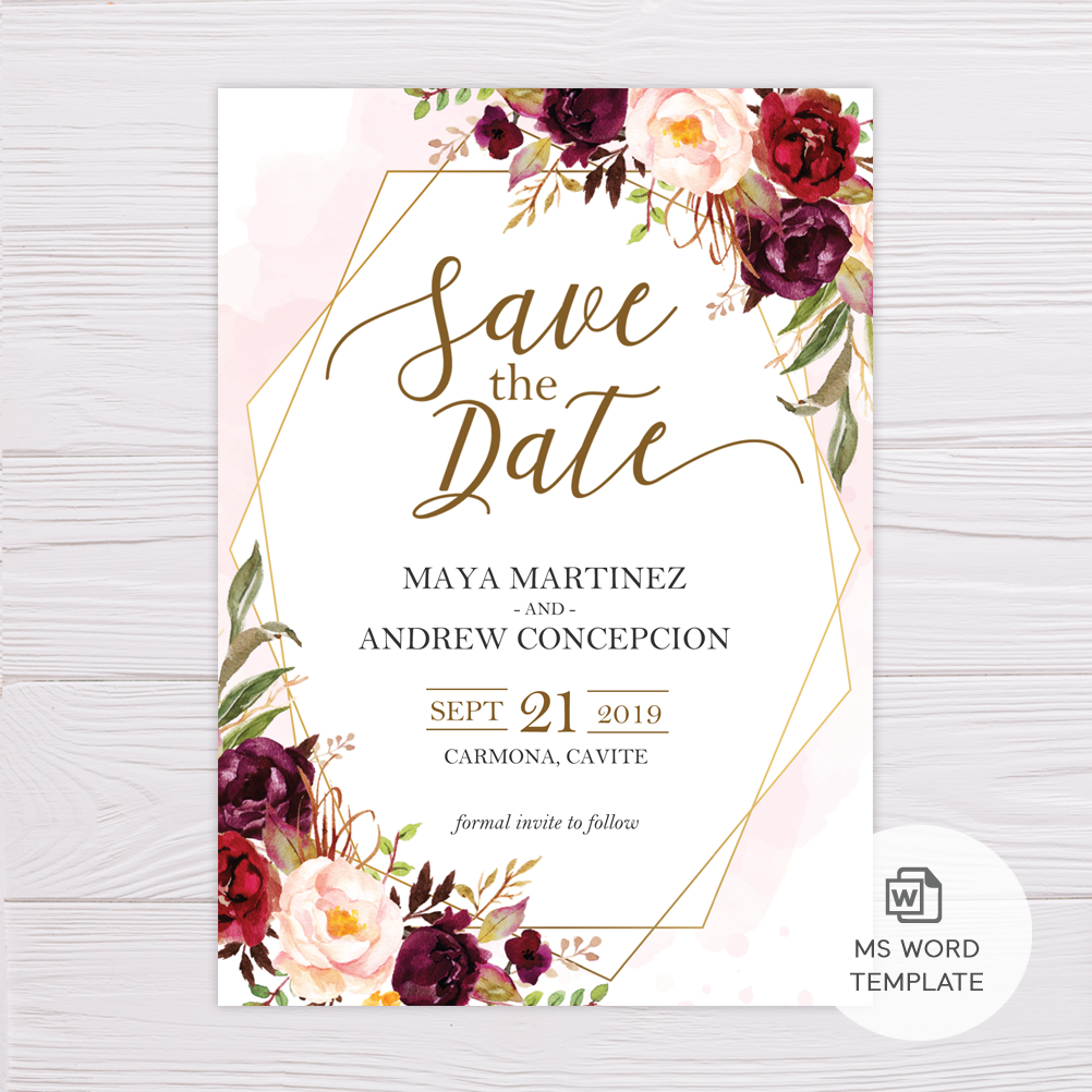 Marsala Flowers With Gold Frame Save The Date Template Within Save The Date Template Word