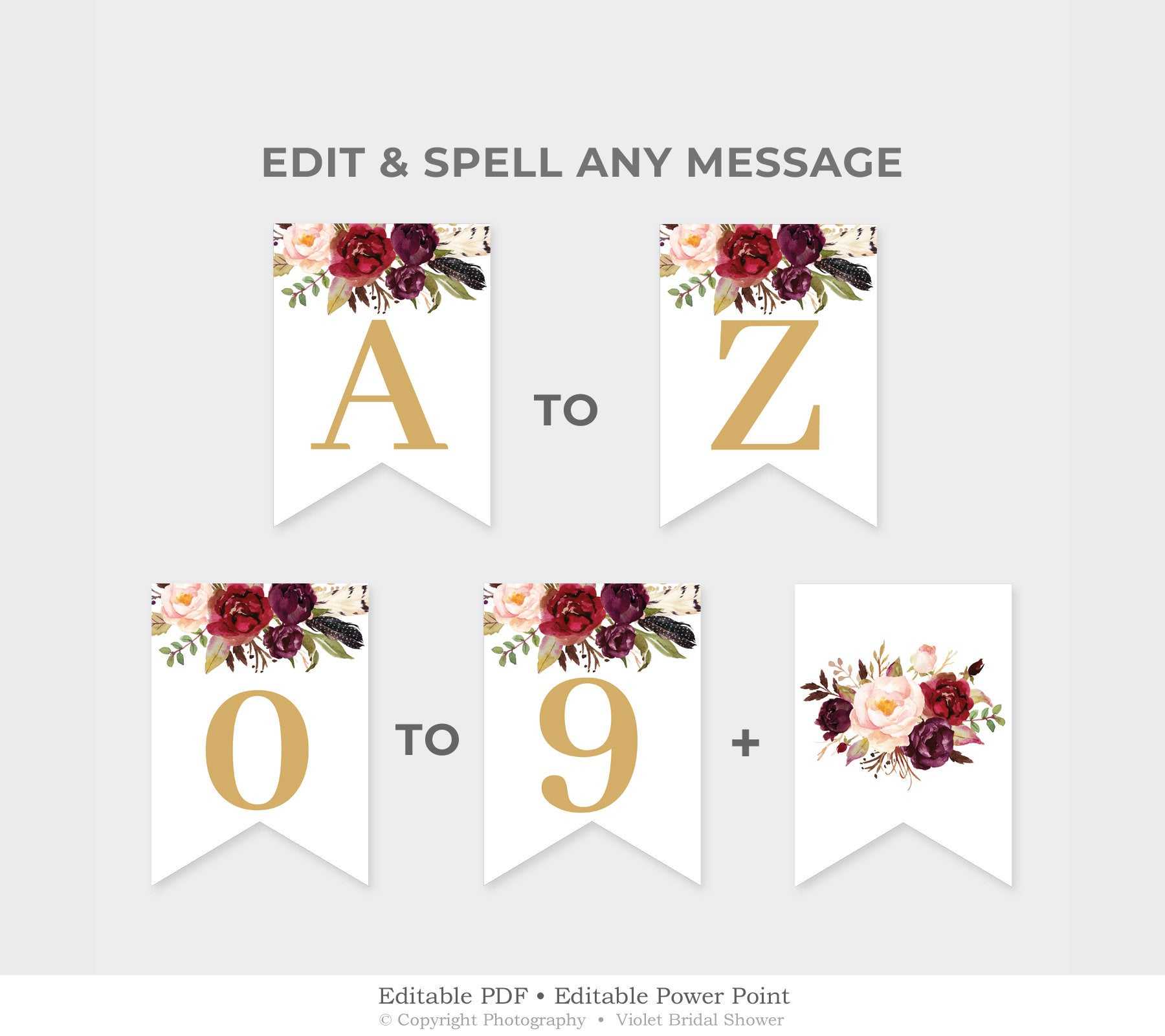 Marsala Party Banner Printable, Burgundy Floral Party Pennant, Bridal  Shower Banner Template, Red And Gold Banner Instant Download Mar1 Within Bridal Shower Banner Template