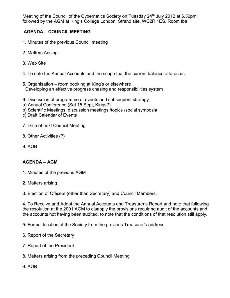 Meeting Of The Council Of The Cybernetics Society On Tuesday Throughout Treasurer's Report Agm Template