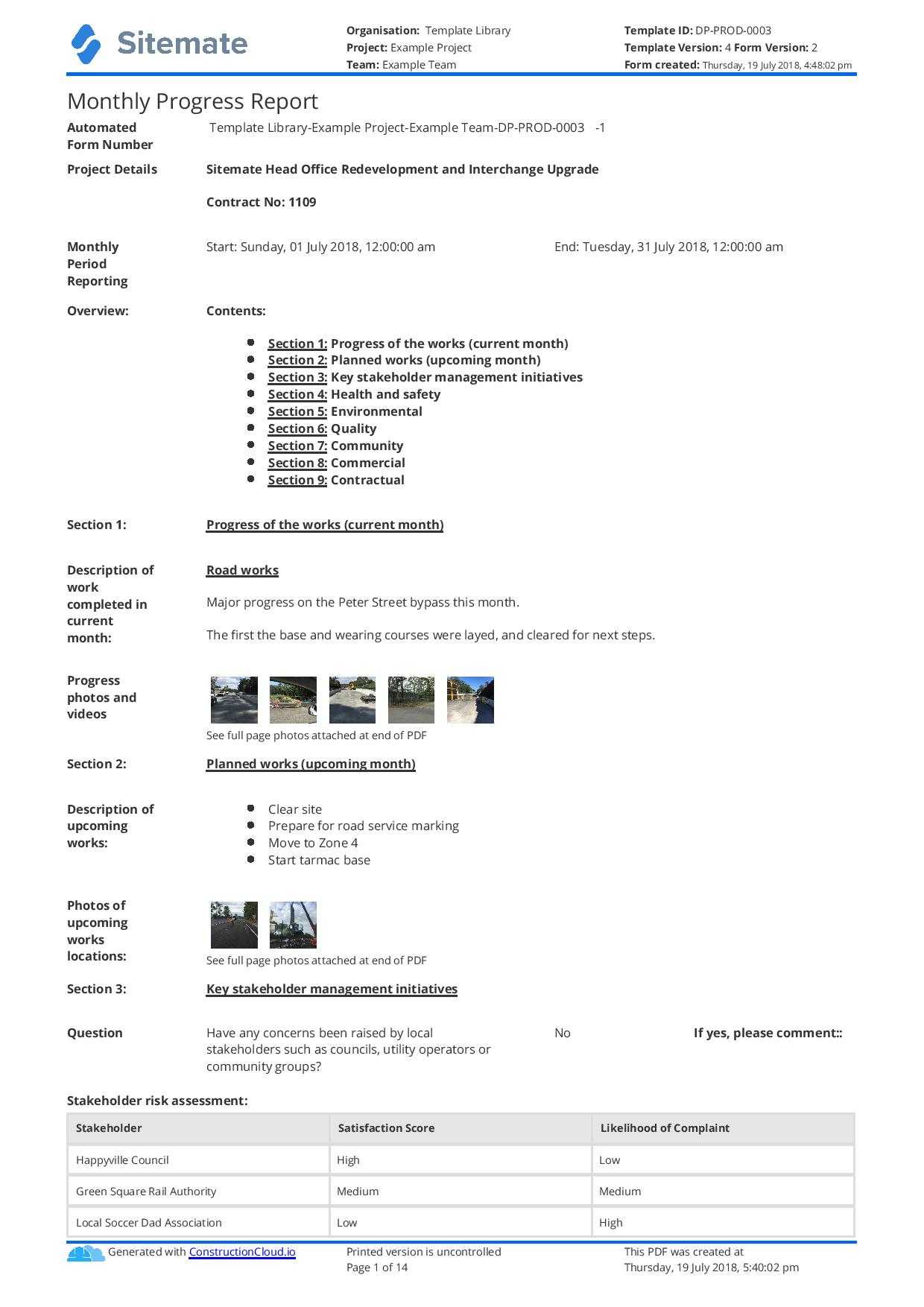 Monthly Construction Progress Report Template: Use This For Report Content Page Template