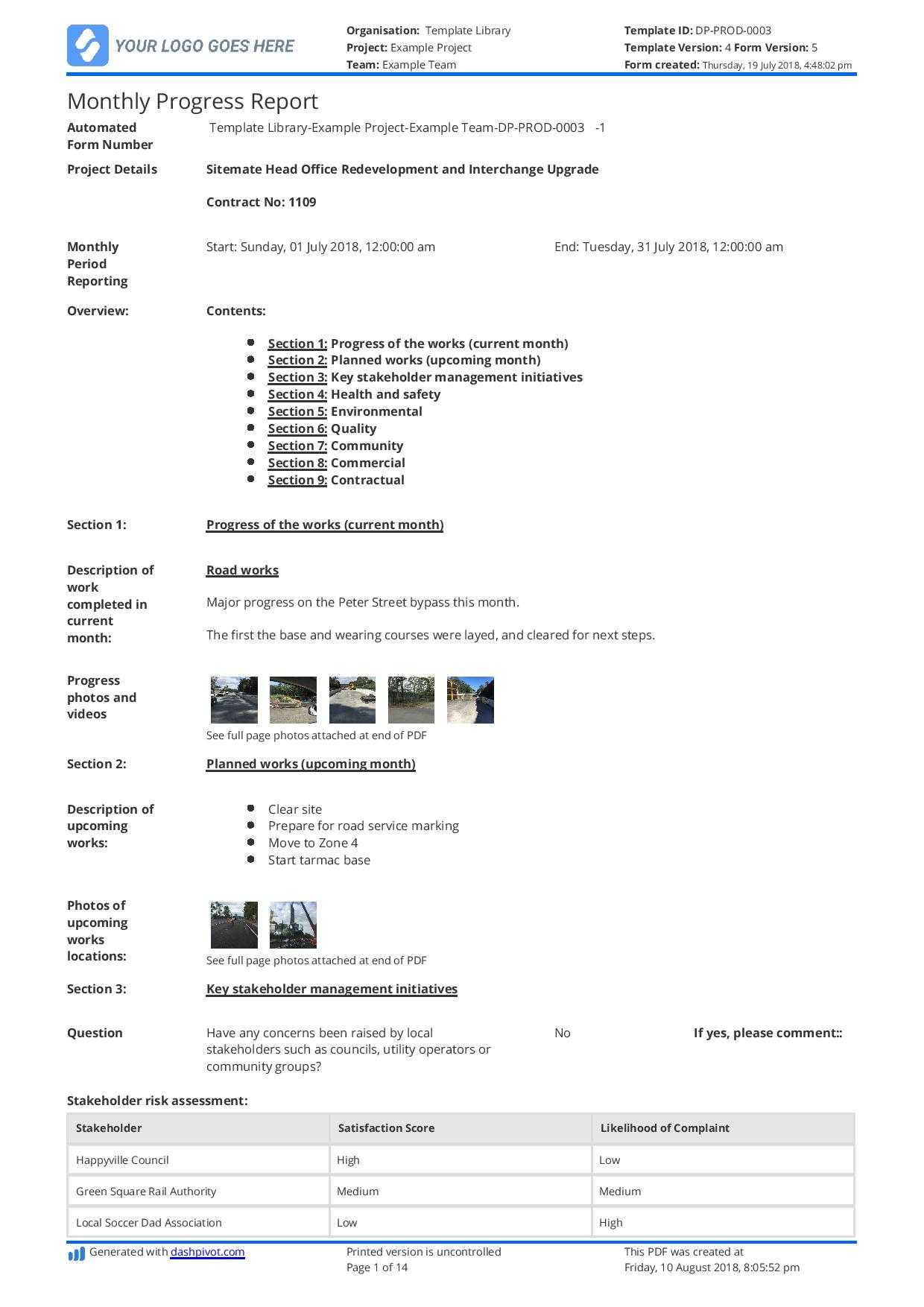 Monthly Construction Progress Report Template: Use This Intended For Project Monthly Status Report Template