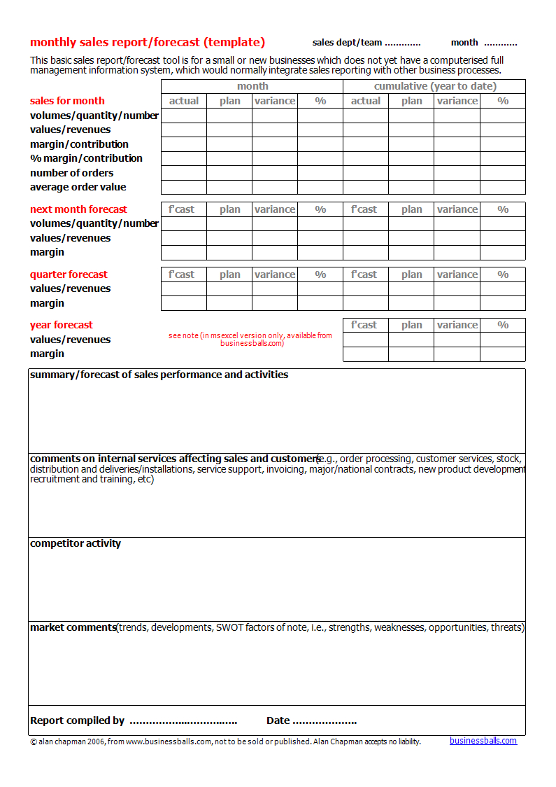 Monthly Sales Forecast Report Template | Templates At With Regard To Sales Team Report Template