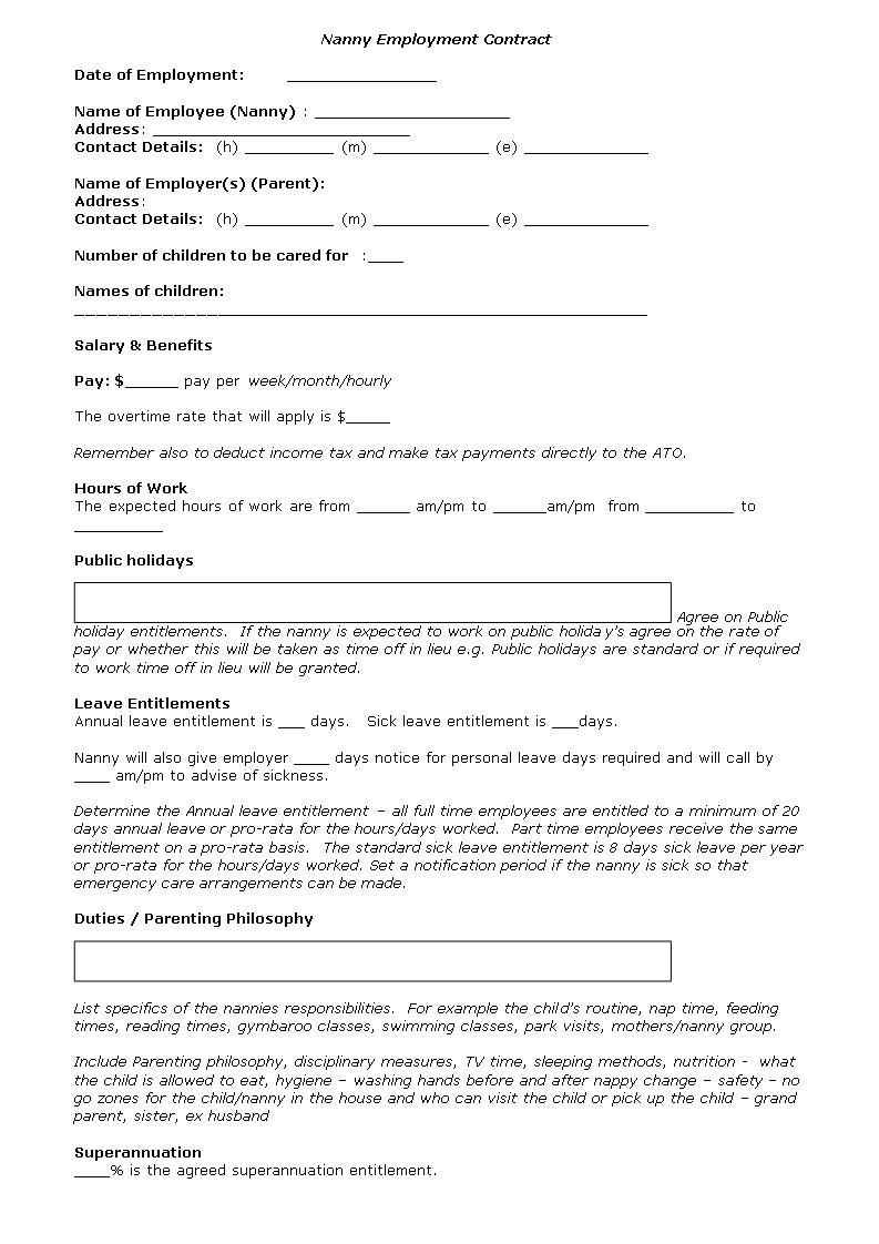 Nanny Contract Template | Templates At Allbusinesstemplates Within Nanny Contract Template Word