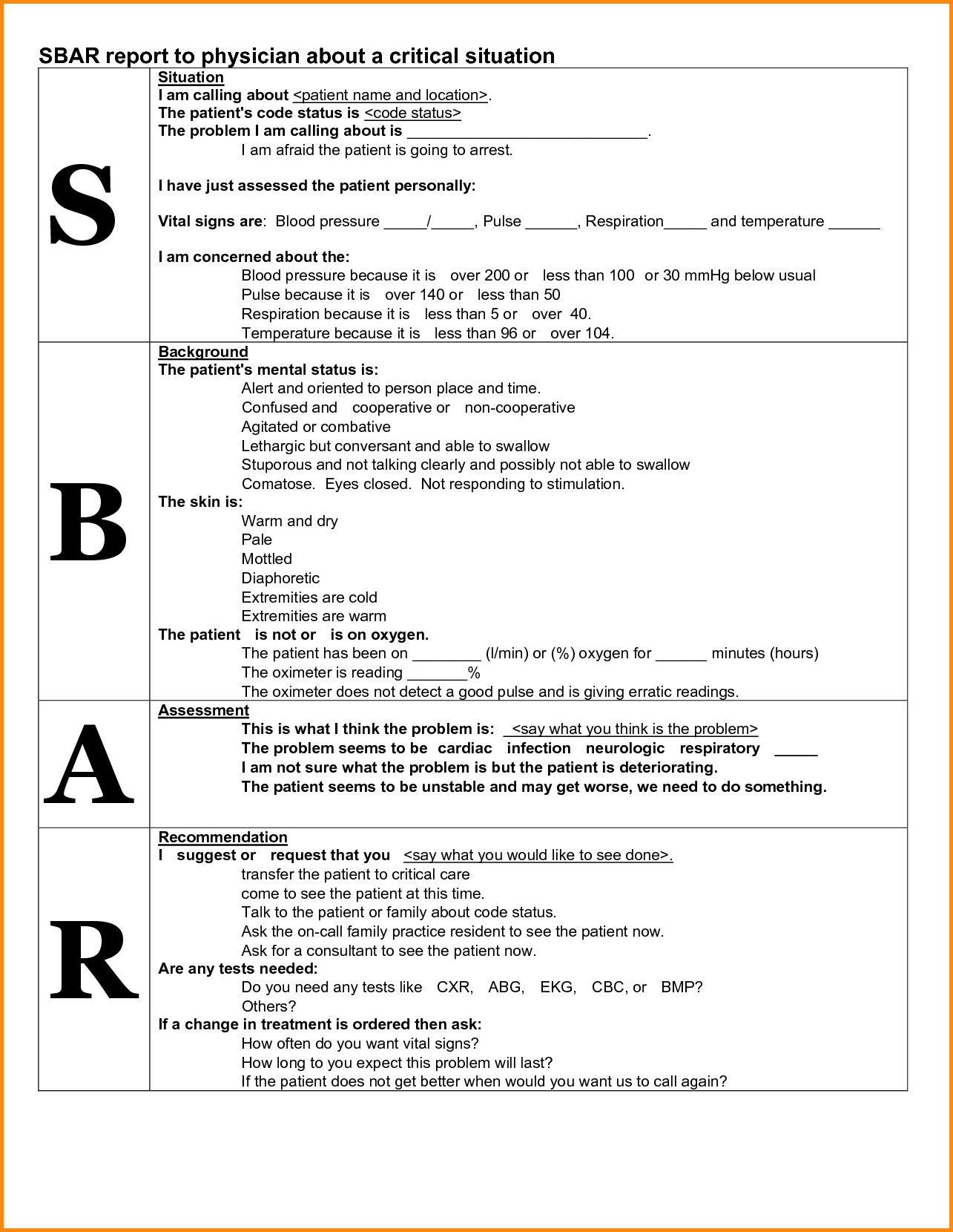Nursing Worksheet Word Document | Printable Worksheets And Intended For Sbar Template Word