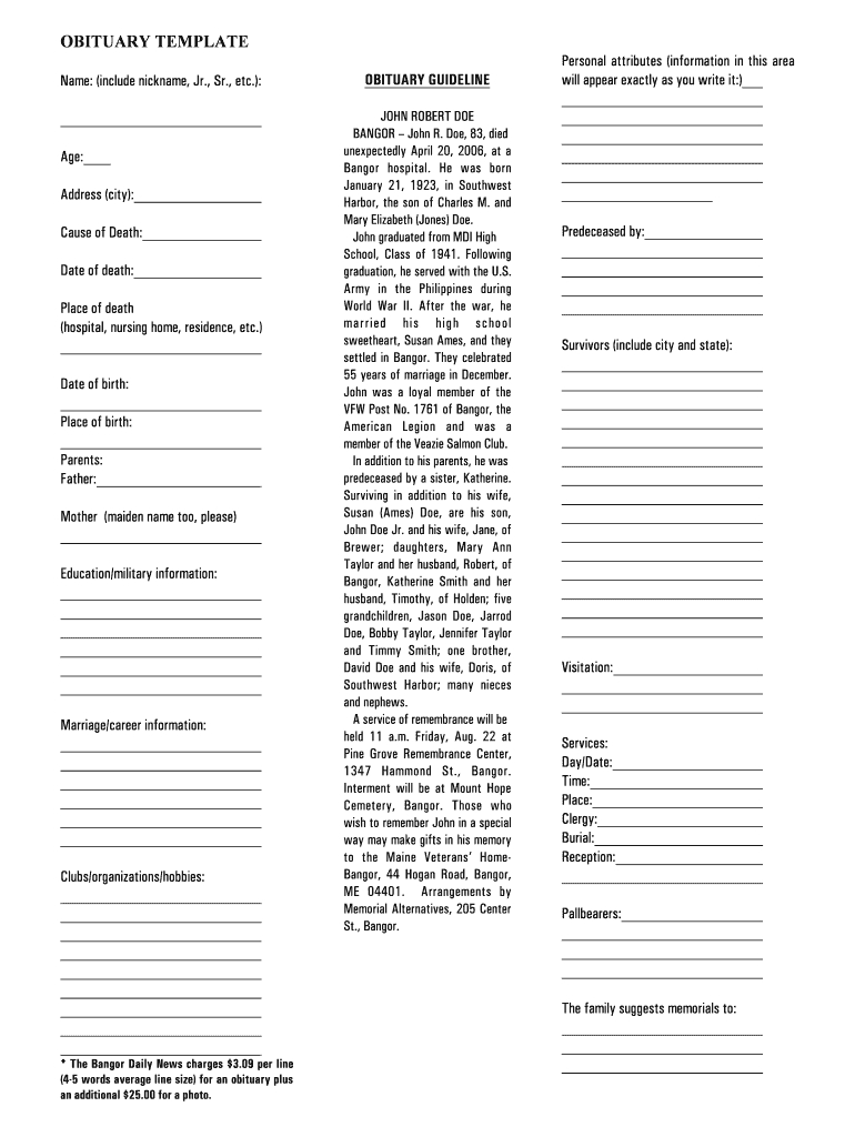 Obituary Template - Fill Online, Printable, Fillable, Blank Intended For Fill In The Blank Obituary Template