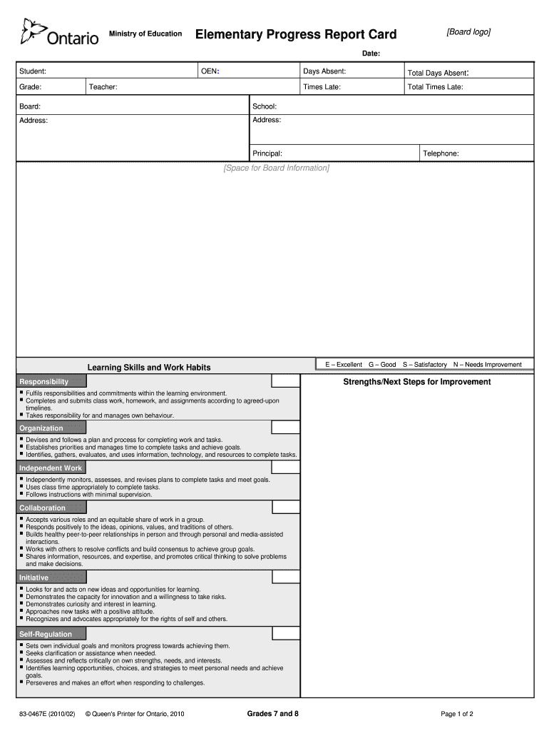 Ontario Report Card Template – Fill Online, Printable For Educational Progress Report Template