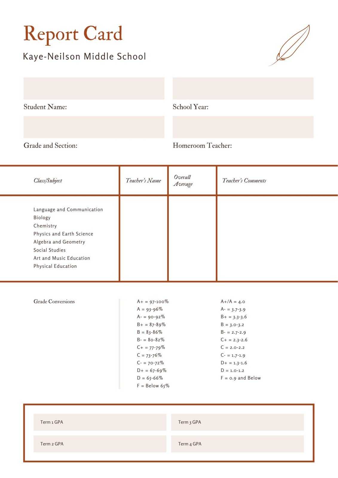 Orange And White Paper And Quill Middle School Report Card Intended For Report Card Template Middle School