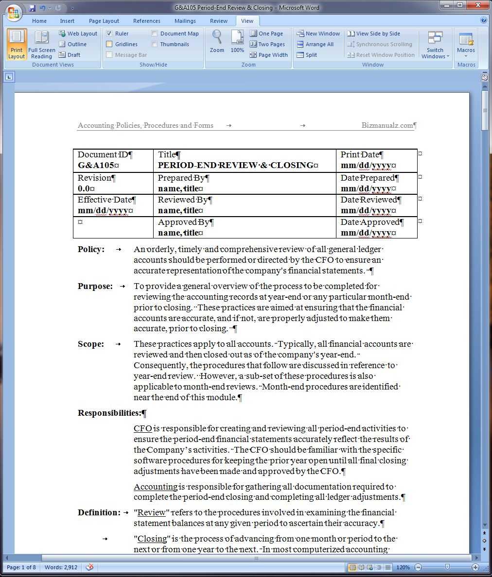 Period End Review And Closing Policy And Procedure Word Template Intended For Procedure Manual Template Word Free