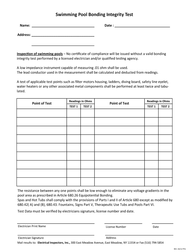 Pool Bonding Integrity Test – Fill Online, Printable With Megger Test Report Template