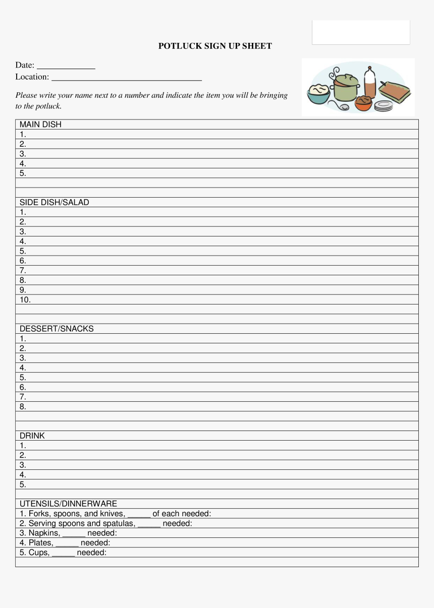 Potluck Signup Sheet Main Image - Printable Sign Up Sheet Throughout Potluck Signup Sheet Template Word