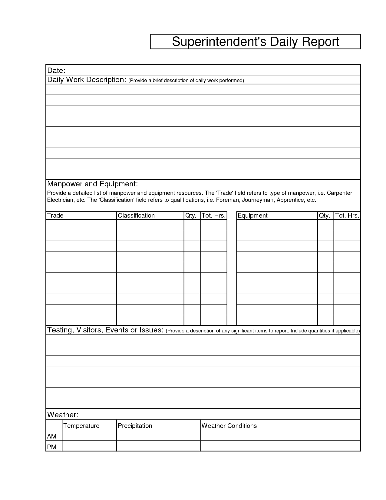 Printable Blank Superintendents Daily Report Sample And With Construction Daily Report Template Free