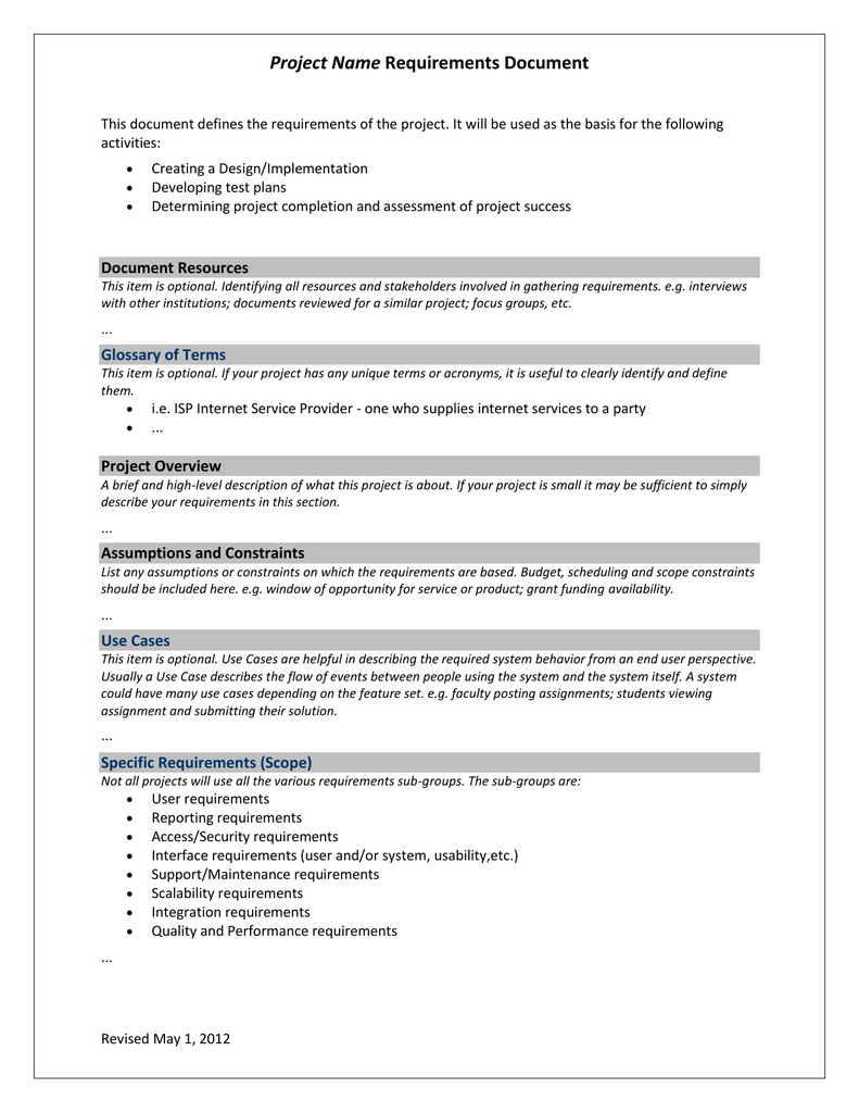 Project Requirements Template In Reporting Requirements Template