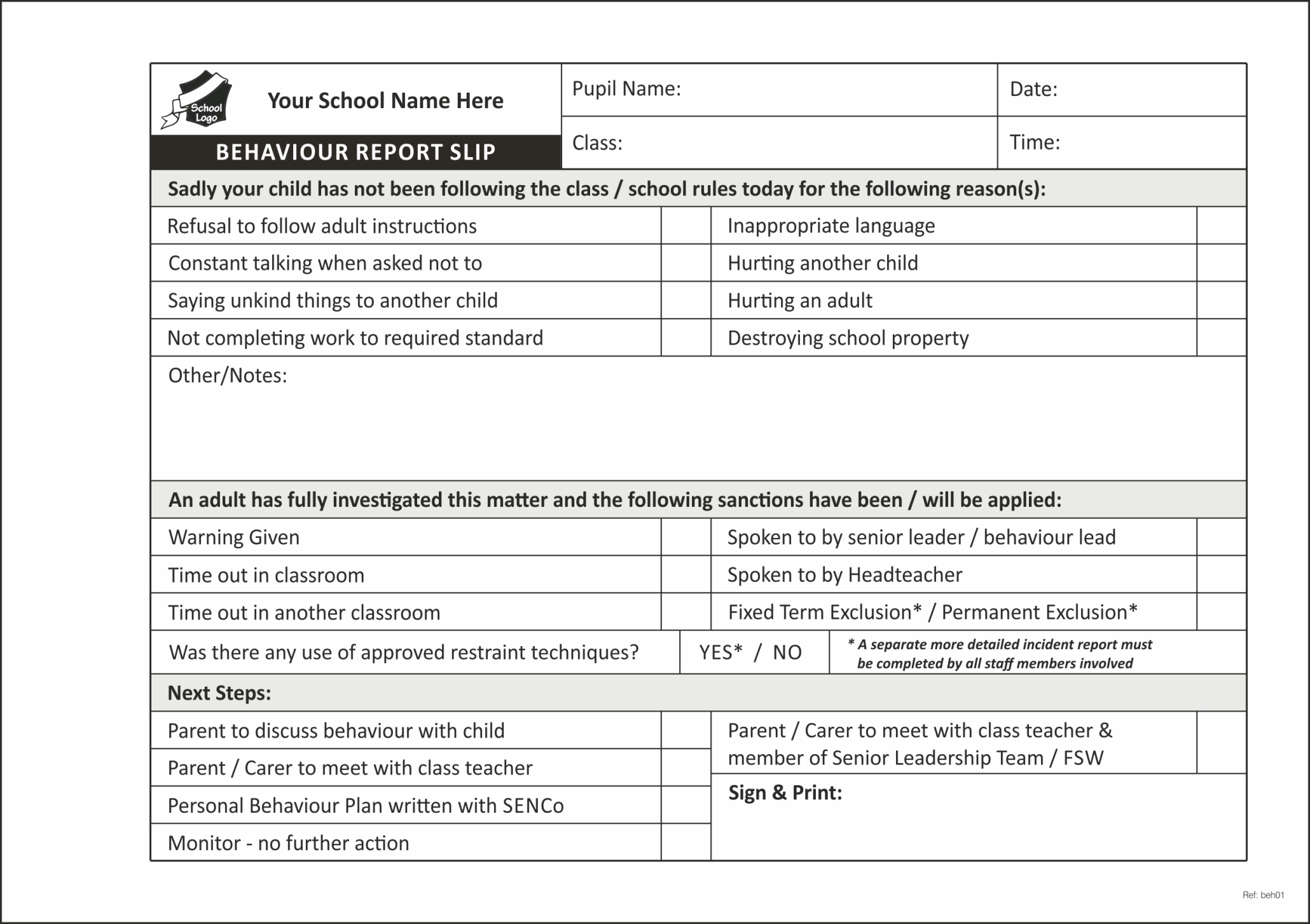 Pupil Behaviour Record Form Books For Schools – Primary With Regard To Behaviour Report Template