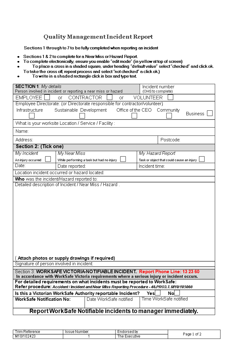 Quality Management Incident Report | Templates At Regarding Near Miss Incident Report Template