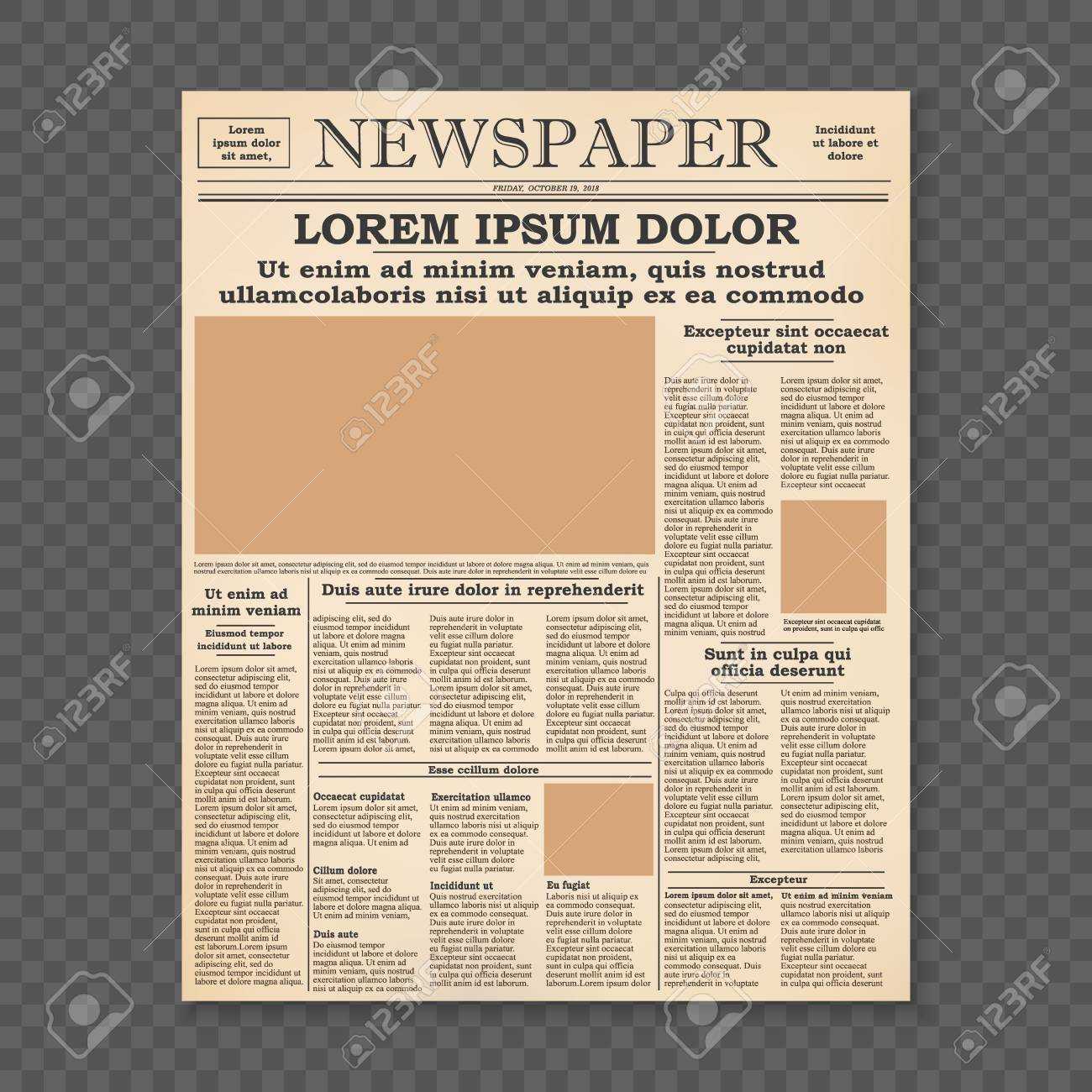 Realistic Old Newspaper Front Page Template. Vector Illustration For Blank Old Newspaper Template