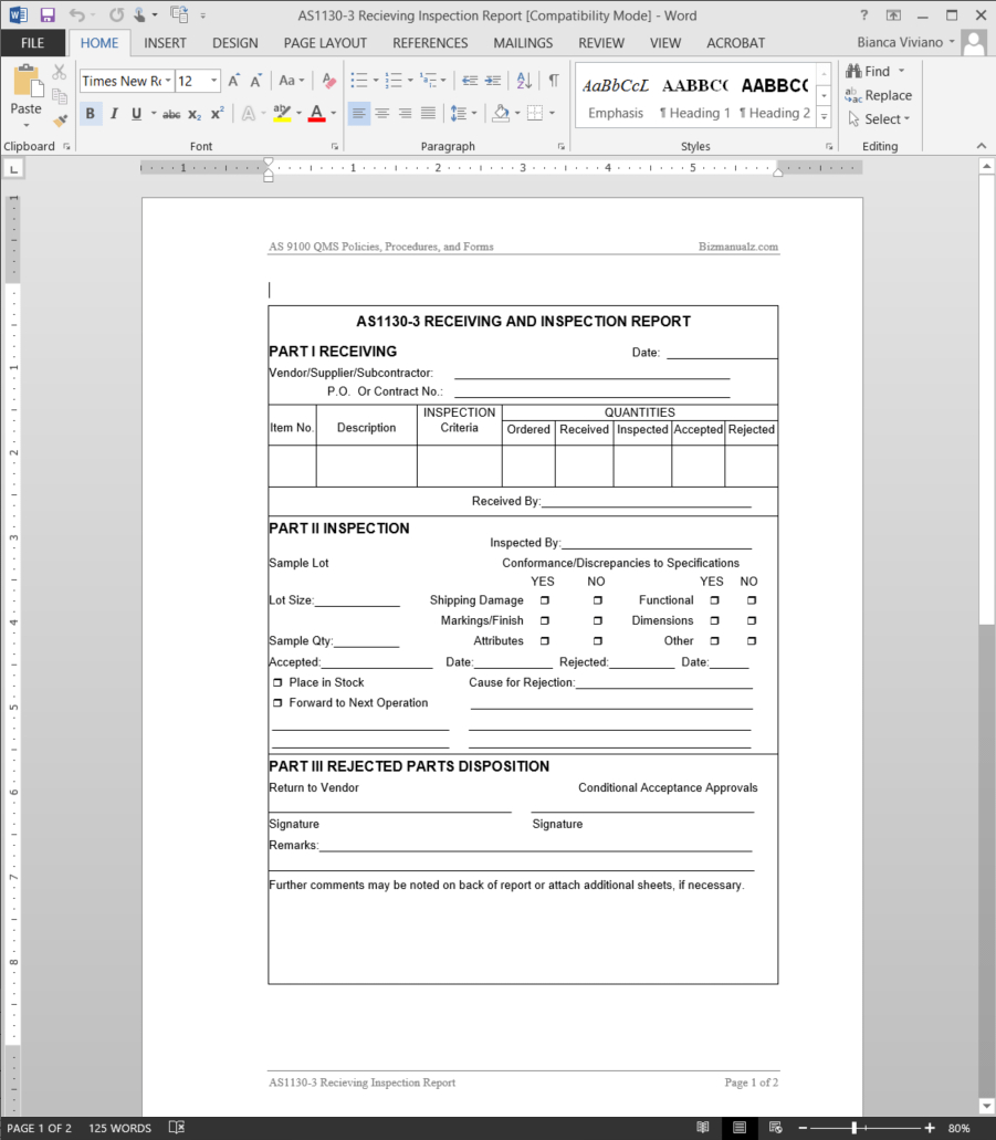 Receiving Inspection Report As9100 Template | As1130 3 For Part Inspection Report Template