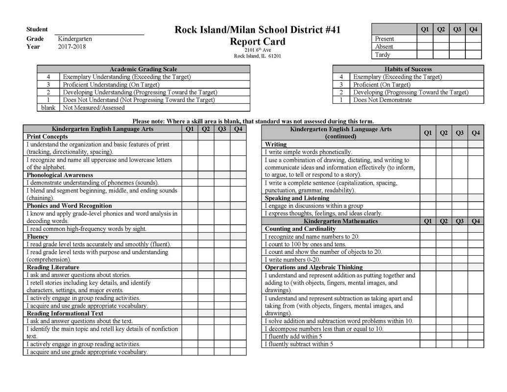 Report Card Examples – Illinois Standards Based Reporting Within Kindergarten Report Card Template