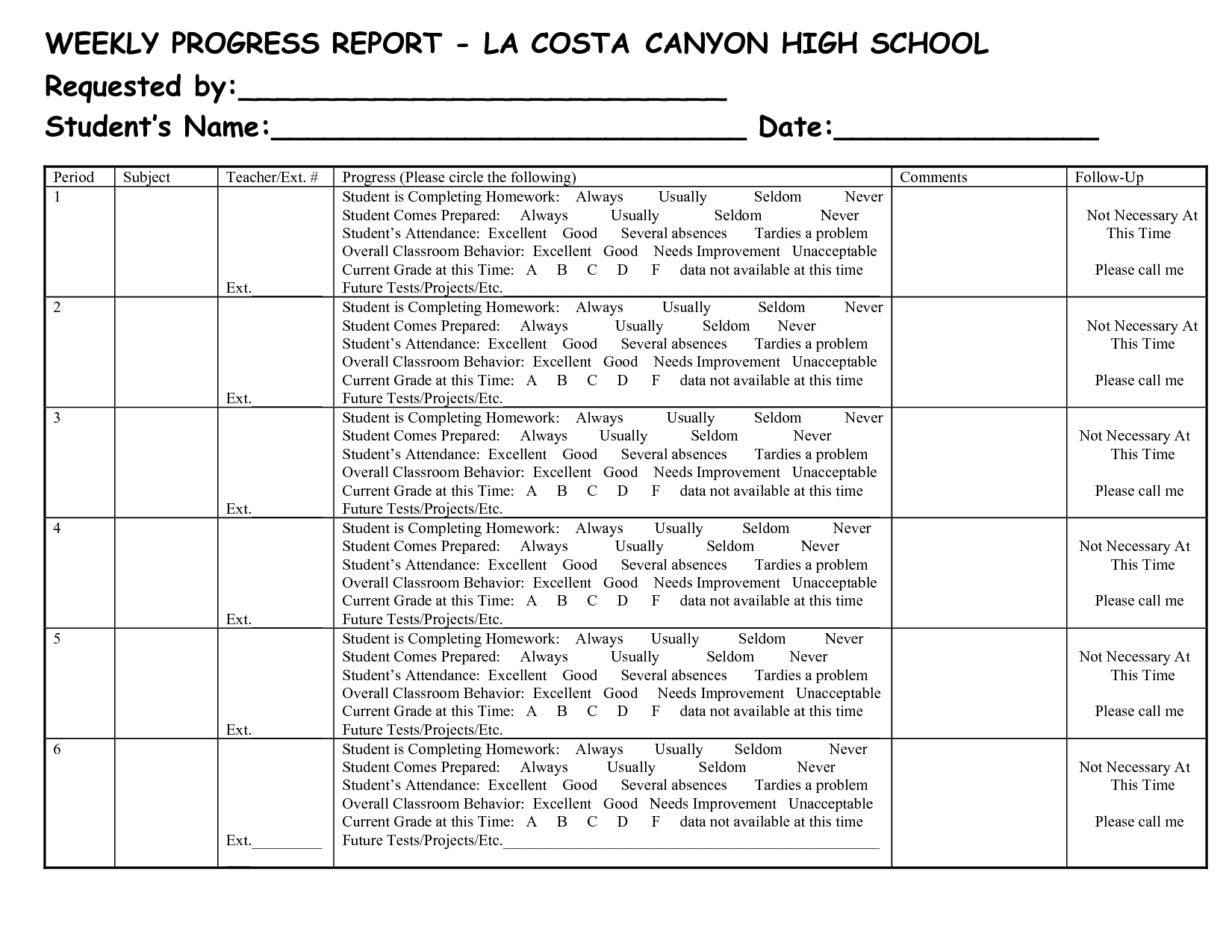 Report Template For Students ] – 5 Weekly Progress Report With High School Progress Report Template