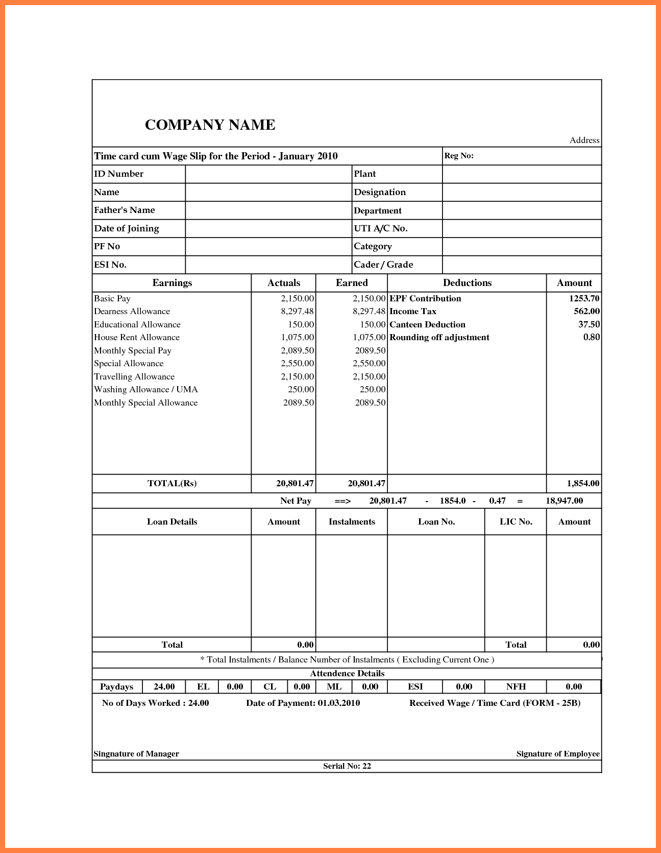 Salary Slip Format In Excel With Formula Within Blank Payslip Template