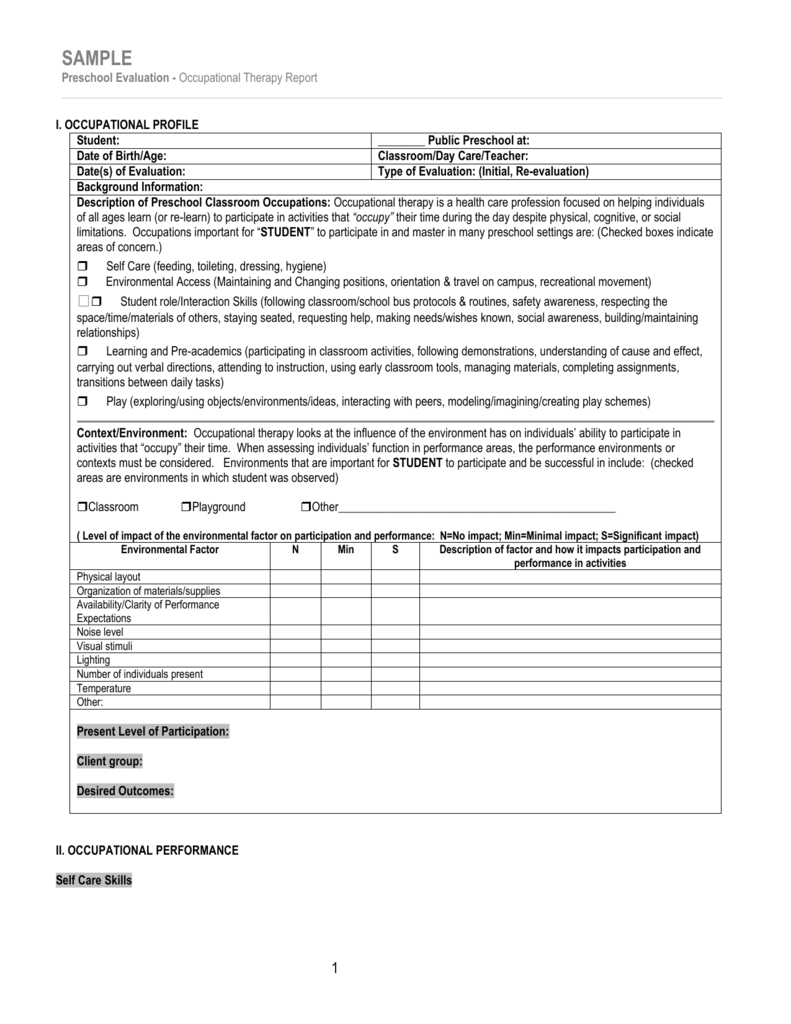 Sample/template For Occupational Therapy Preschool Evaluation Pertaining To Template For Evaluation Report