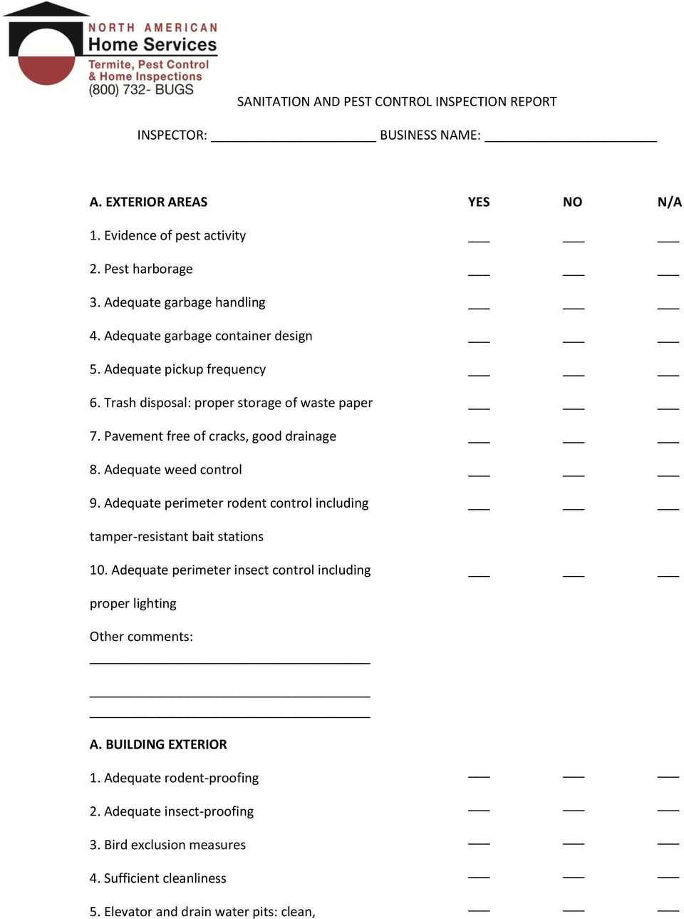 Sanitation And Pest Control Inspection Report Inspector Inside Pest Control Inspection Report Template