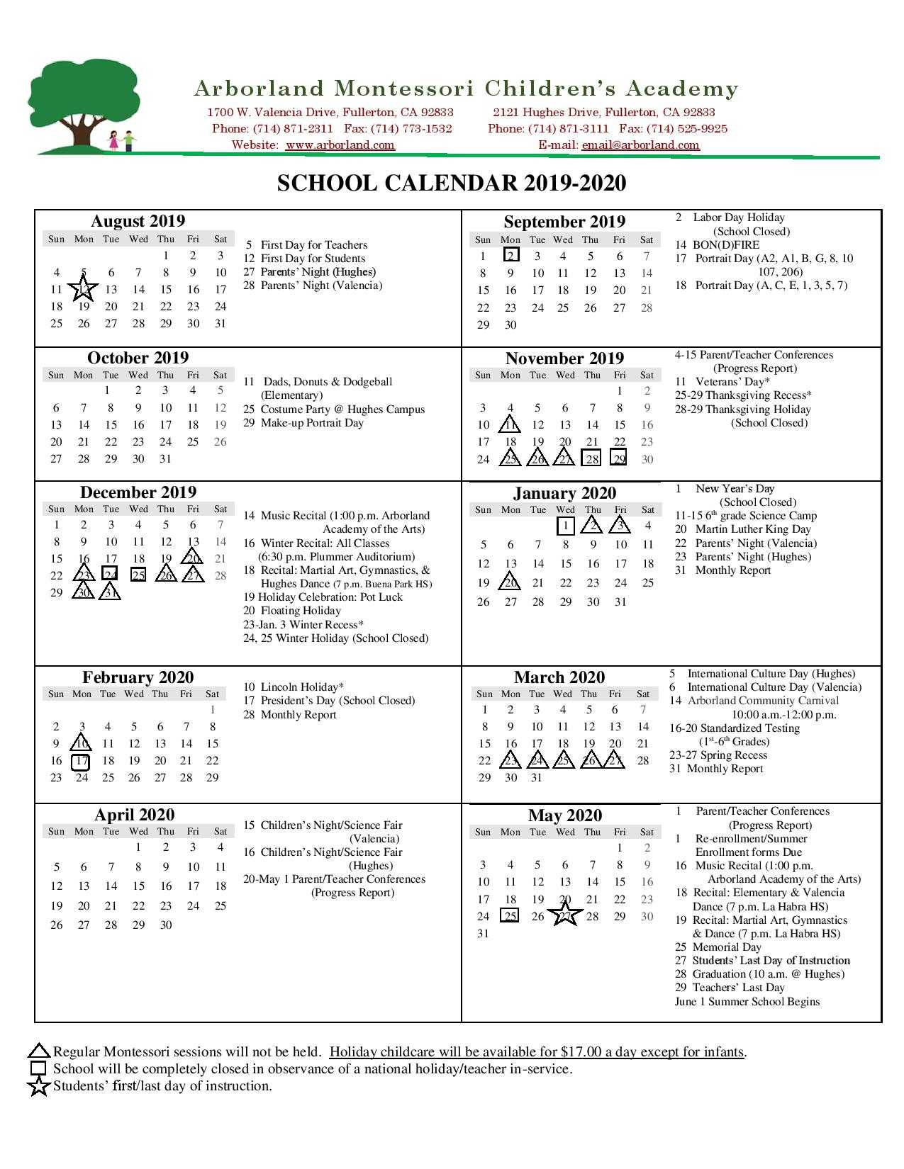 School Year Calendar – Montessori School, Kindergarten In Summer School Progress Report Template