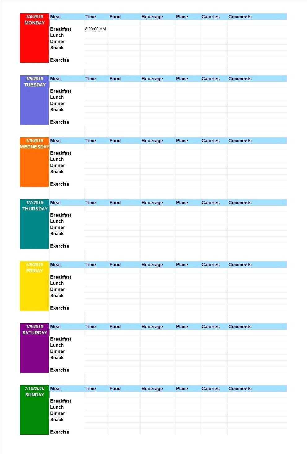 Simple Food Diary Templates Log Examples Weekly Dinner Menu Pertaining To Weekly Meal Planner Template Word