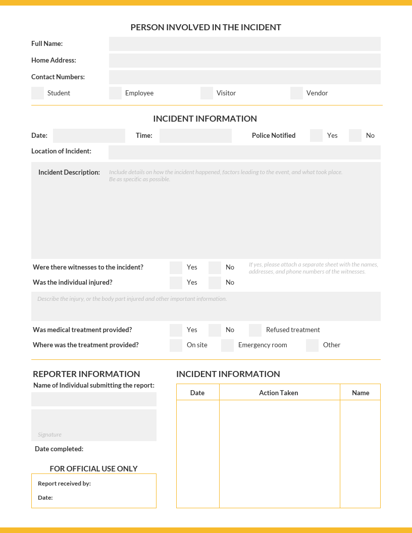 Simple Incident Report Template Within Employee Incident Report Templates