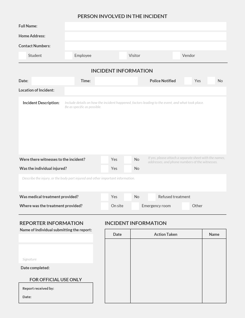 Simple Light Incident Report Template In Template For Information Report