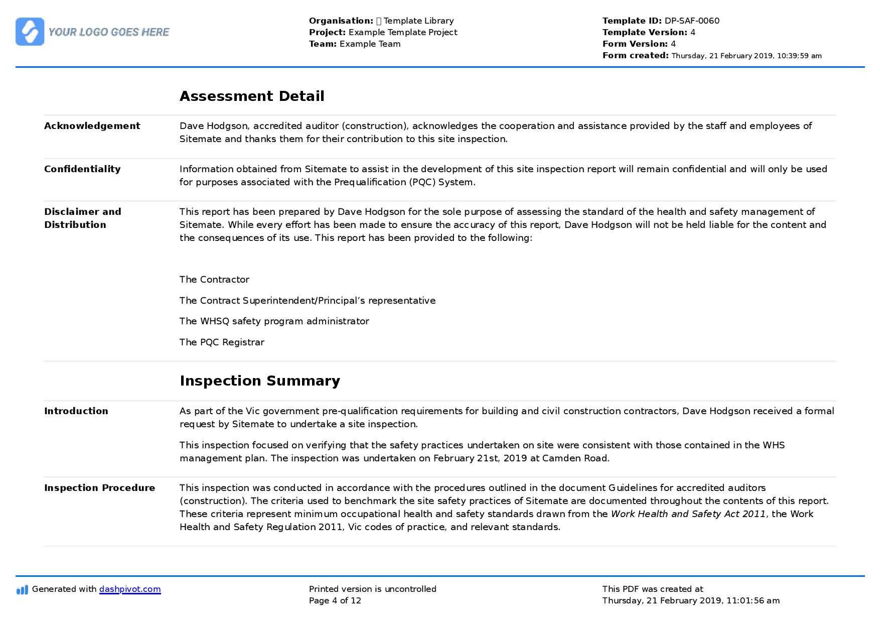 Site Inspection Report: Free Template, Sample And A Proven For Template For Information Report