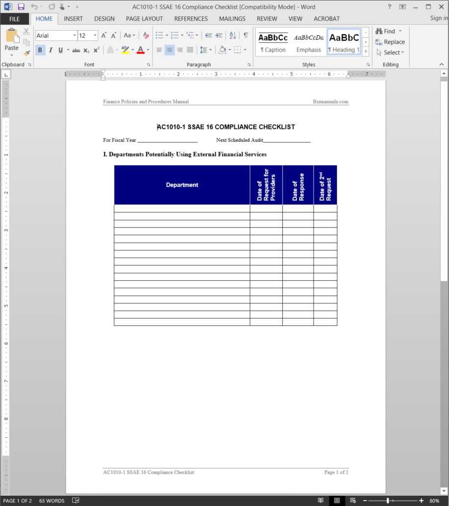 Ssae 16 Compliance Checklist Template | Ac1010 1 With Ssae 16 Report Template