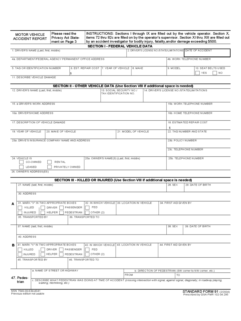 Standard Car Accident Report Form Free Download In Vehicle Accident Report Template