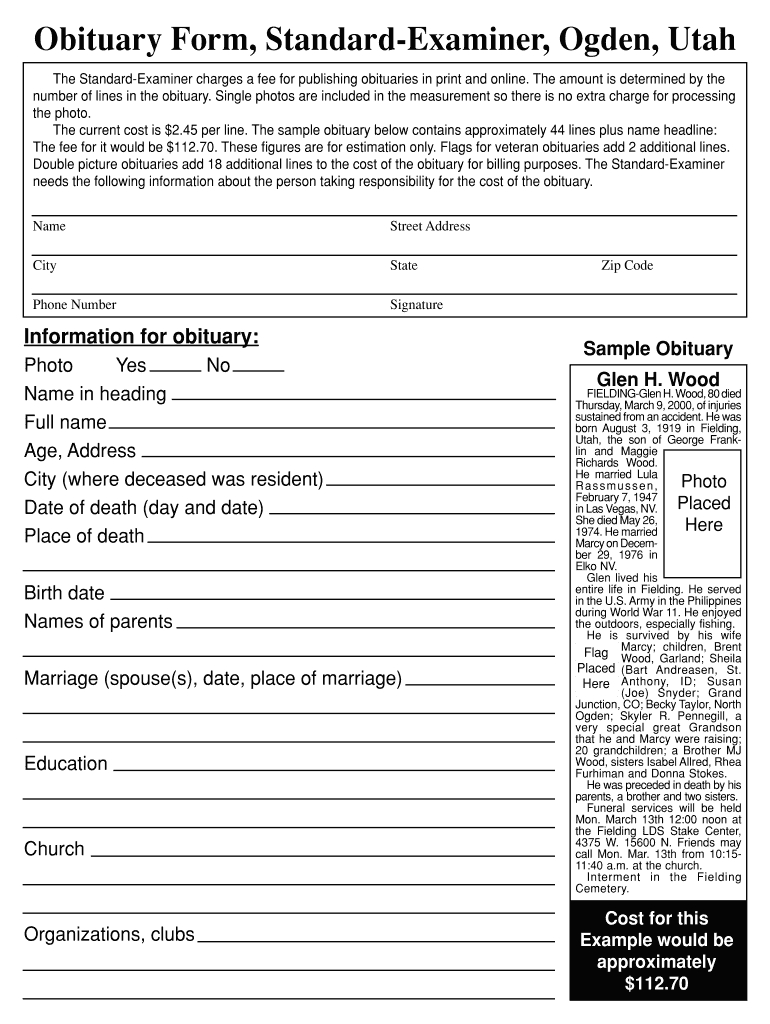 Standard Examiner Obituaries – Fill Online, Printable Throughout Fill In The Blank Obituary Template
