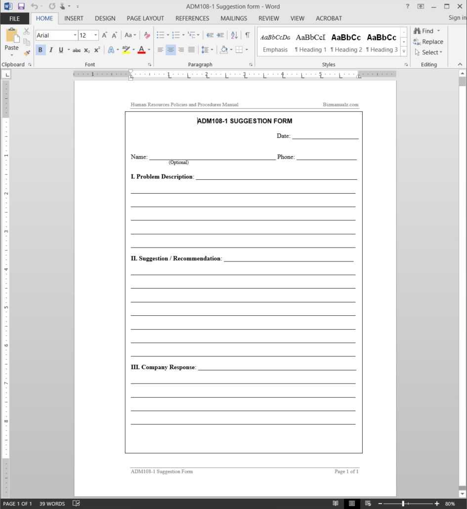 Suggestion Form Template | Adm108 1 With Word Employee Suggestion Form Template