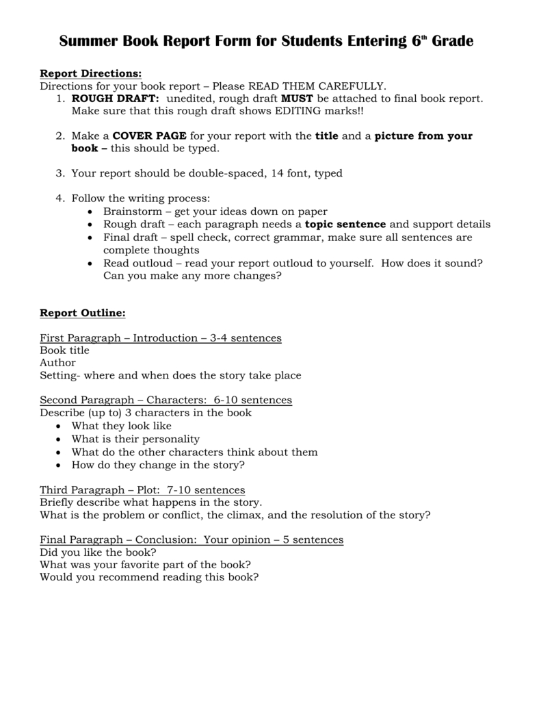 Summer Book Report Form For Students Entering 6Th Grade Throughout Book Report Template 6Th Grade