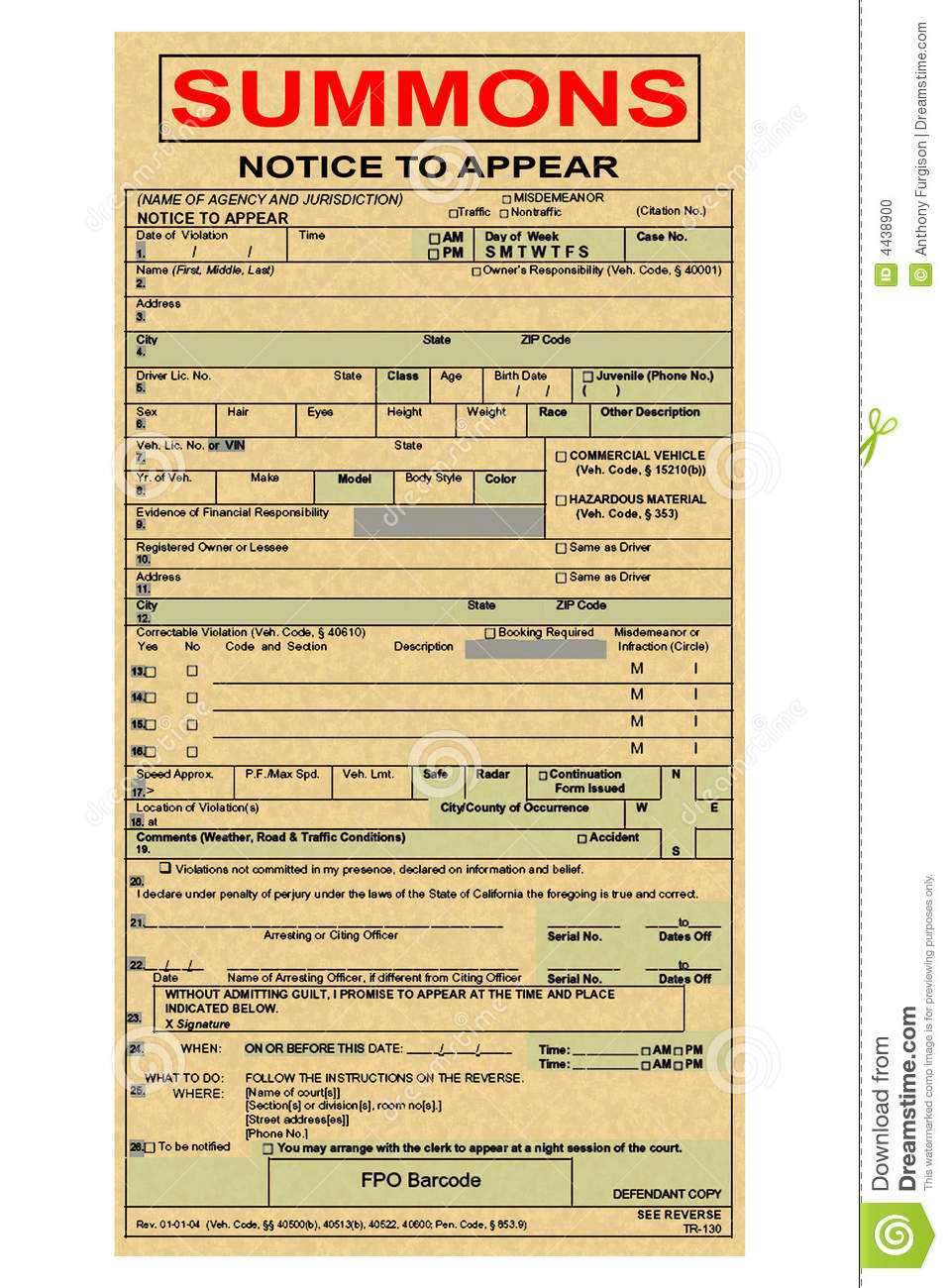 Summons Ticket To Court Stock Photo. Image Of Order Inside Blank Parking Ticket Template