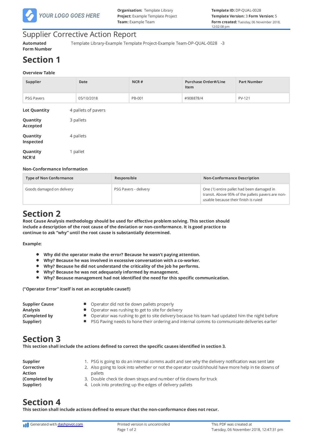 Supplier Corrective Action Report Template: Improve Your Pertaining To Corrective Action Report Template