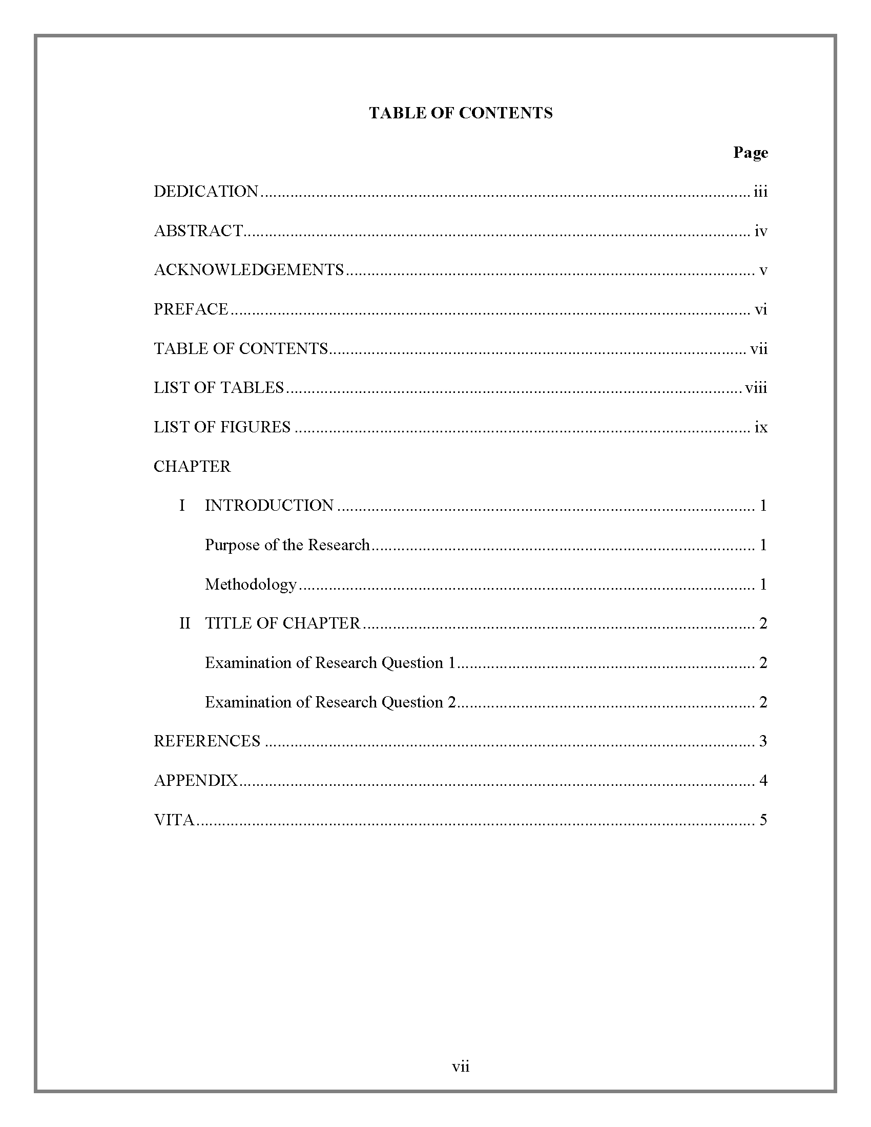 Table Of Contents – Thesis And Dissertation – Research For Report Content Page Template