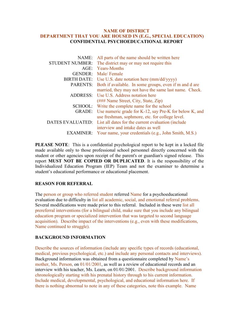 Template For A Bilingual Psychoeducational Report Within Psychoeducational Report Template