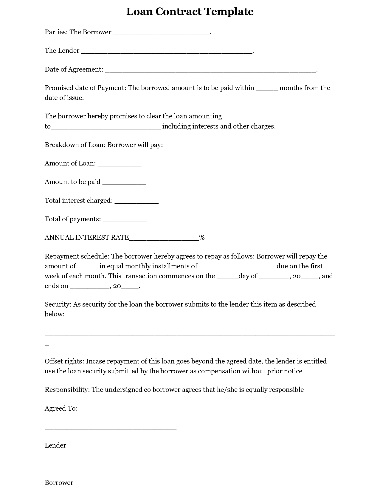 Terrific Blank Loan Contract Or Agreement Template Sample For Blank Loan Agreement Template