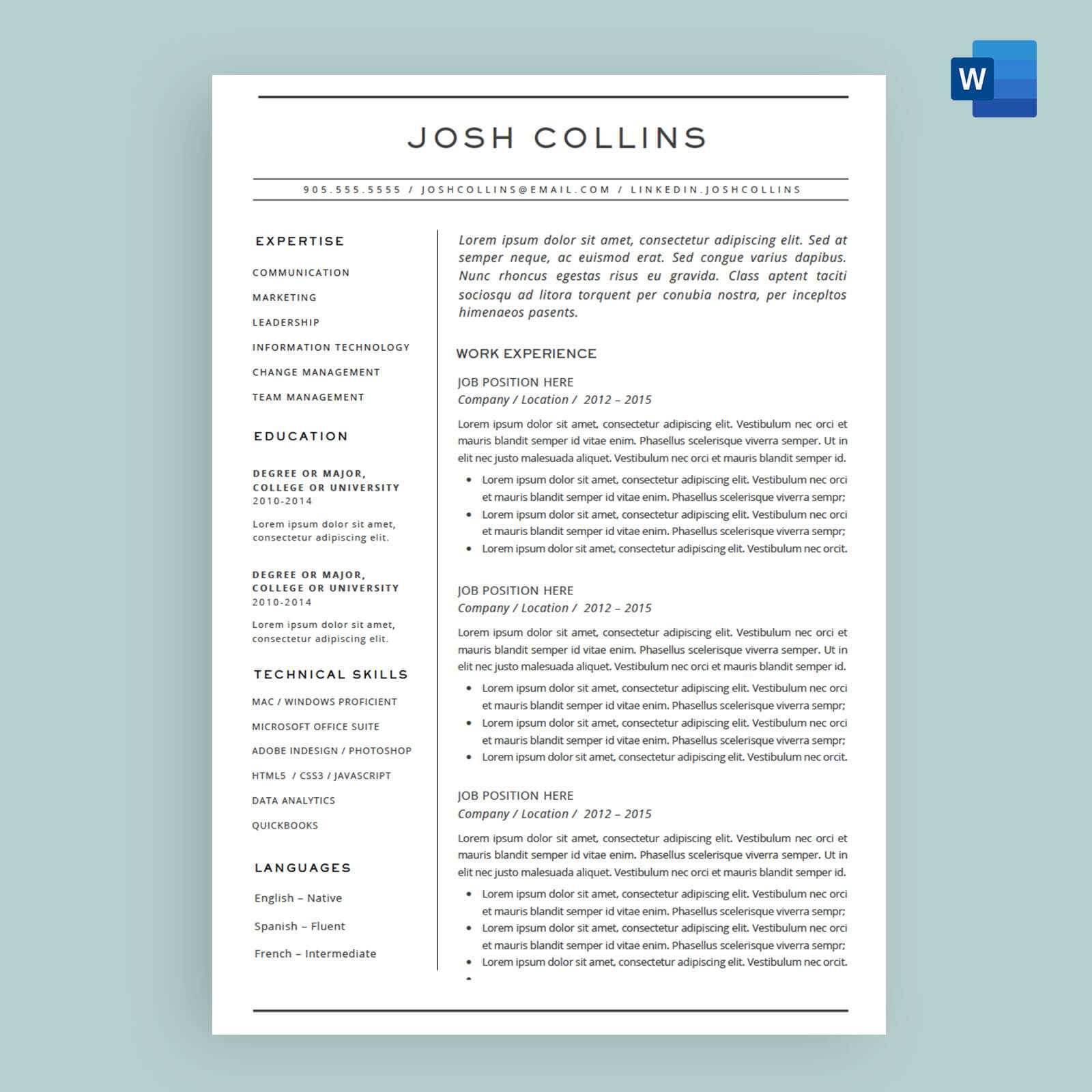 'the Collins' Resume / Cv Template Package For Microsoft™ Word Throughout How To Make A Cv Template On Microsoft Word