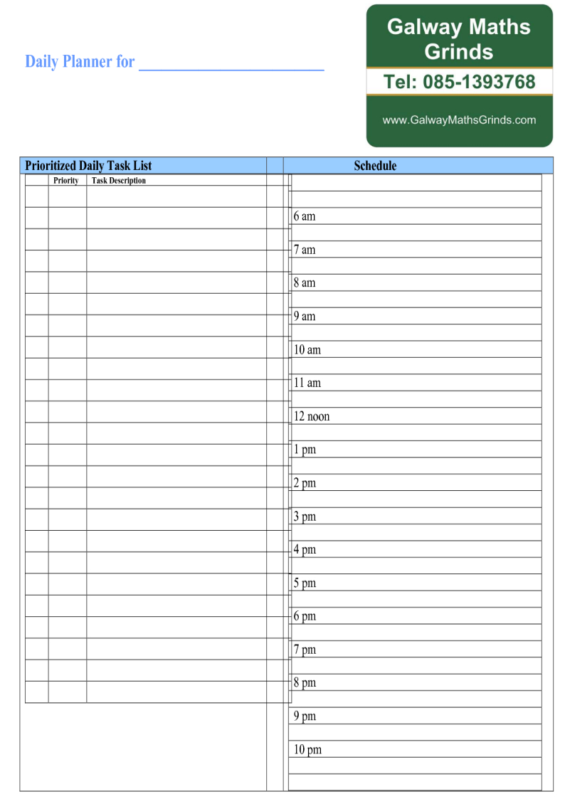 Time Table Templates | Galway Maths Grinds Pertaining To Blank Revision Timetable Template